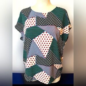 SHEIN Green and White Patchwork Cap Sleeve Blouse